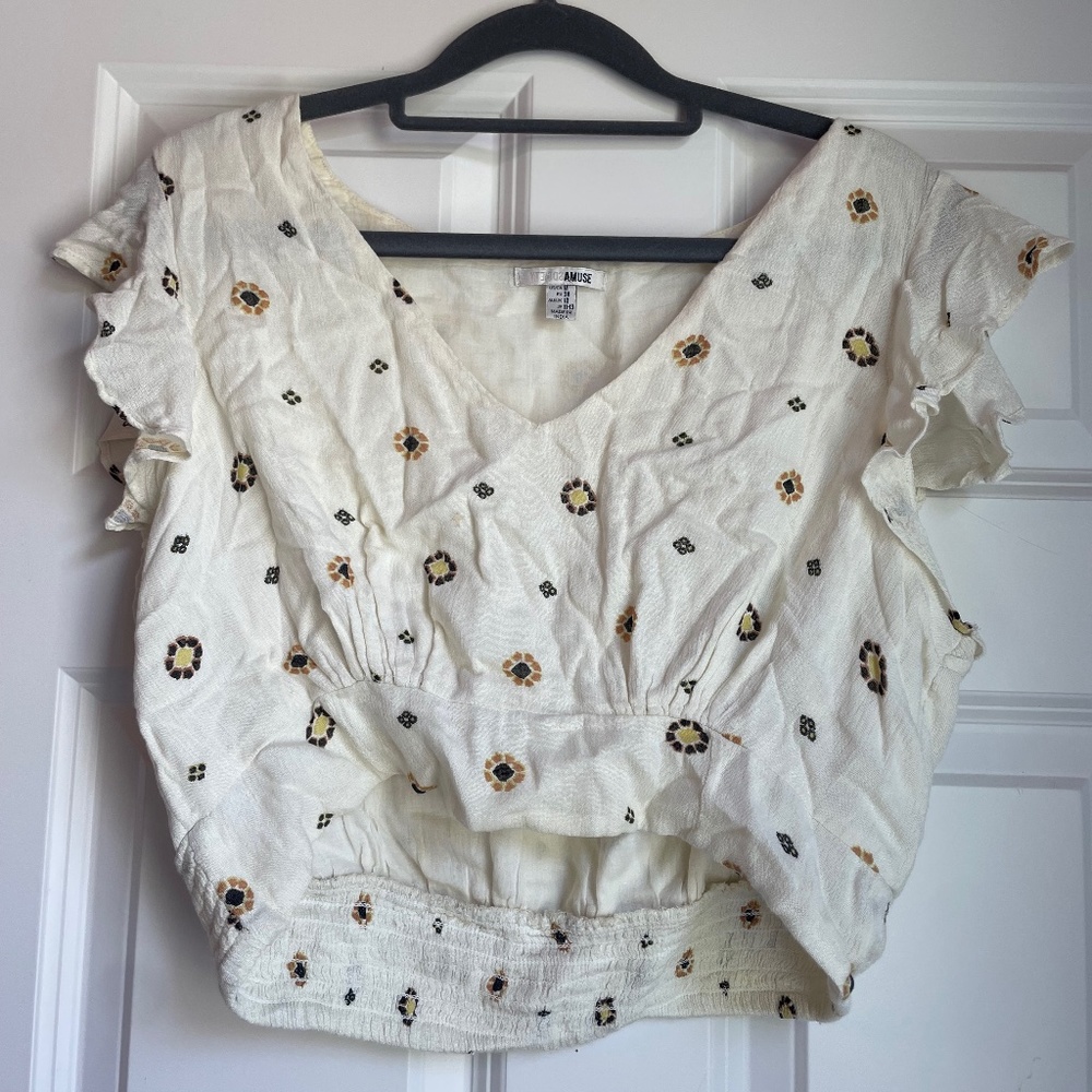 Amuse Society White and Tan Floral Crop Top